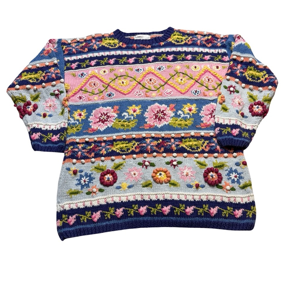 🧵✨ Jennifer Reed Hand-Knit Floral Boho‎ Sweater Size Small ✨🧵